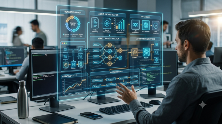 Software engineer analyzing an autonomous agentic AI workflow diagram on a holographic interface