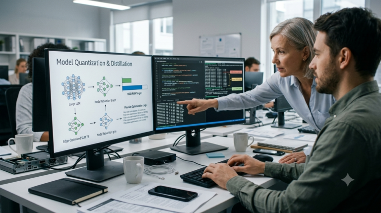 Small Language Models architecture and enterprise optimization workflow on developer screens